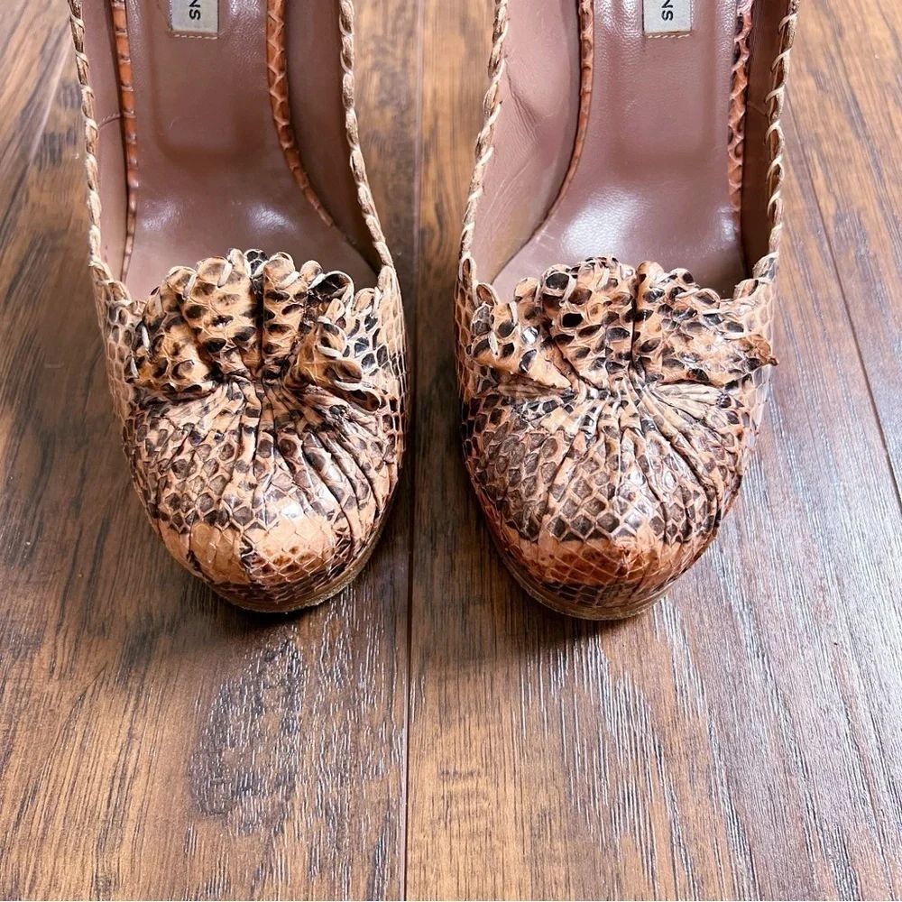 Tabitha Simmons • snakeskin pumps platform coral whipstitch ruffle stiletto